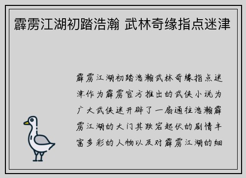 霹雳江湖初踏浩瀚 武林奇缘指点迷津
